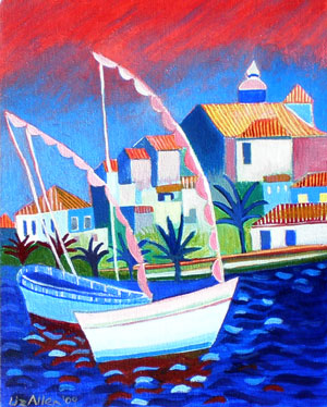 Painting of boats at Lagos with red sky