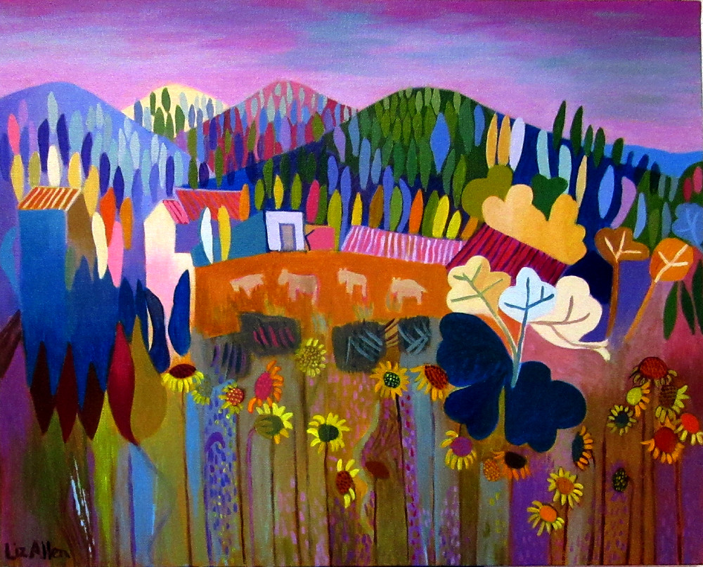 Painting of mountains and fields