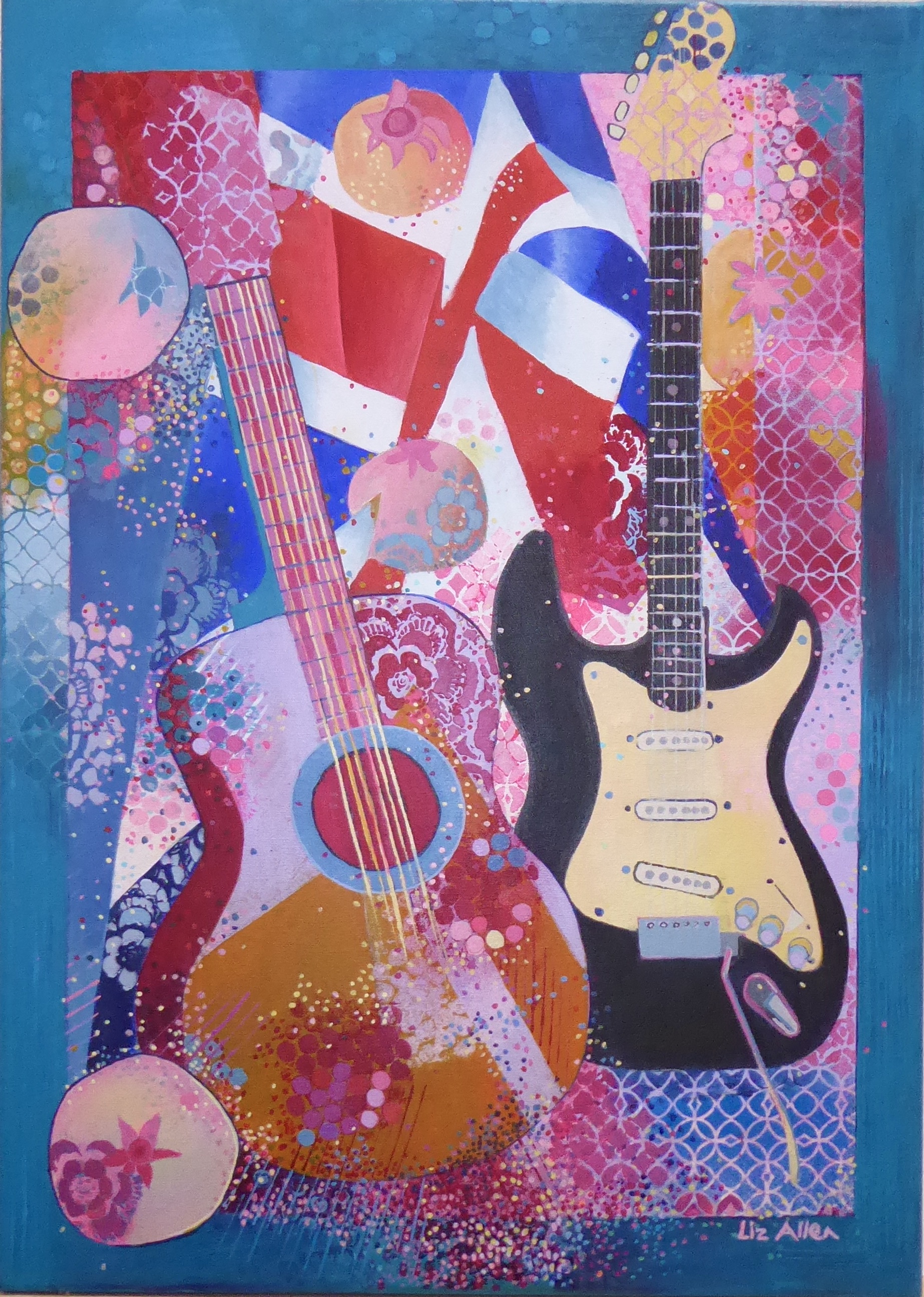 Painting of Guitars, flag and pomegranates
